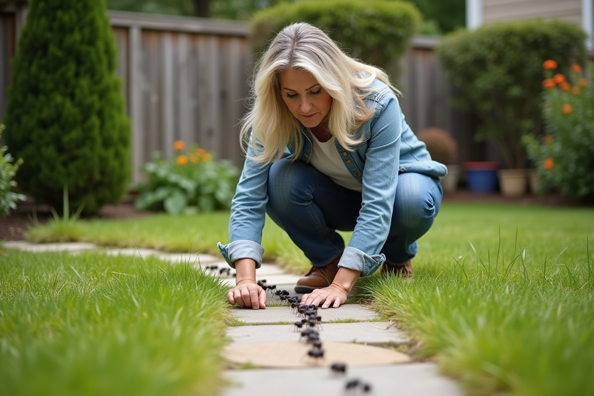 Femme examinant une ligne de fourmis dans son jardin
