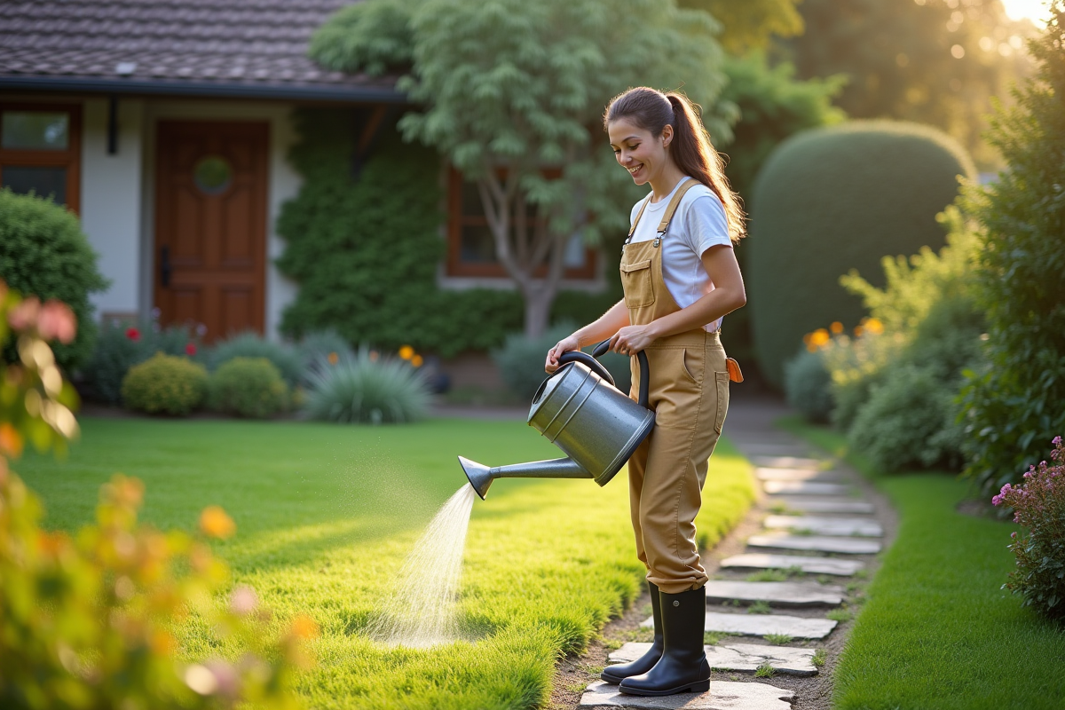 Jeune femme souriante arrosant son jardin avec un arrosoir