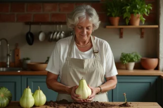 Femme tenant une christophine entière avant de la mettre en culture dans sa cuisine