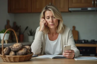 Femme assise à la cuisine avec guide de champignons