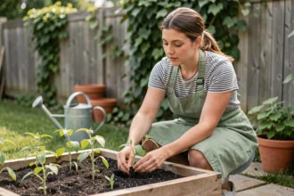 Femme débutante plantant des semis de tomates dans un potager surélevé en bois avec du compost bio dans un jardin suburban