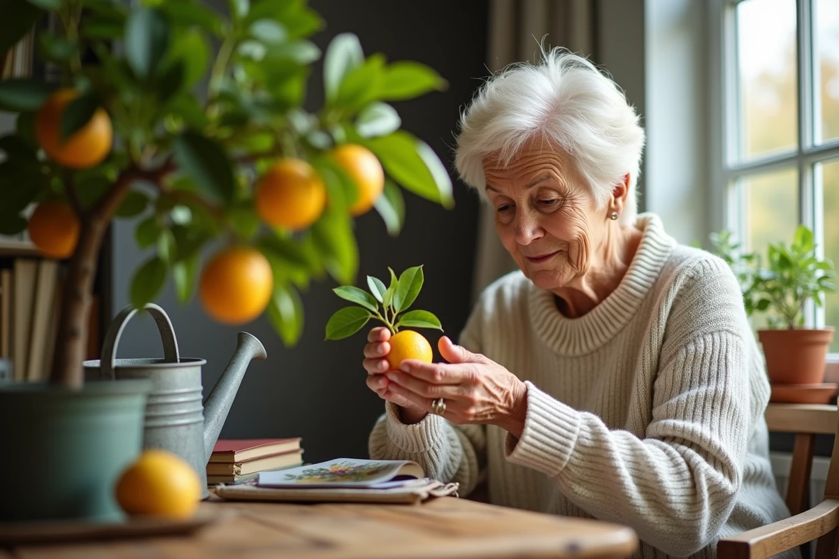 Femme âgée inspecte un citron dans un intérieur lumineux