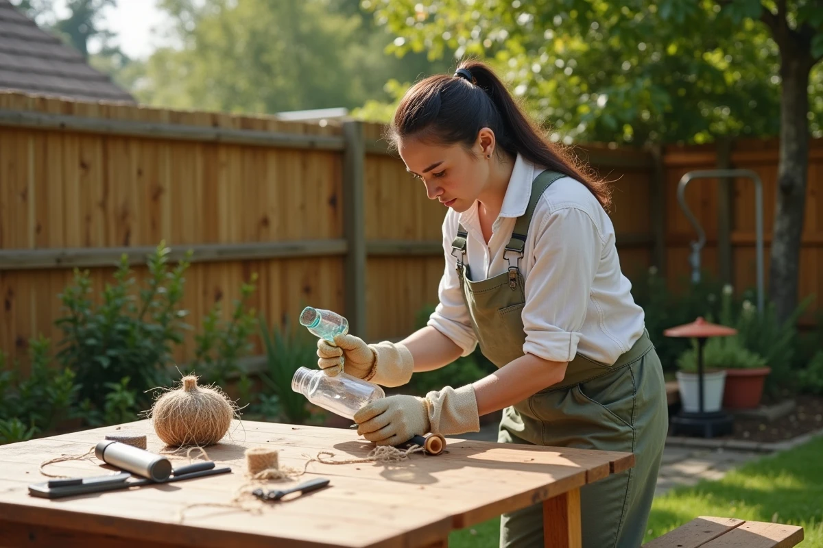 Femme assemblant un piège à frelon sélectif fait maison dans un jardin, avec bouteille plastique et outils de bricolage
