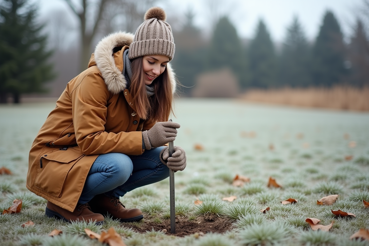 Jeune femme examinant la pelouse gelée en hiver