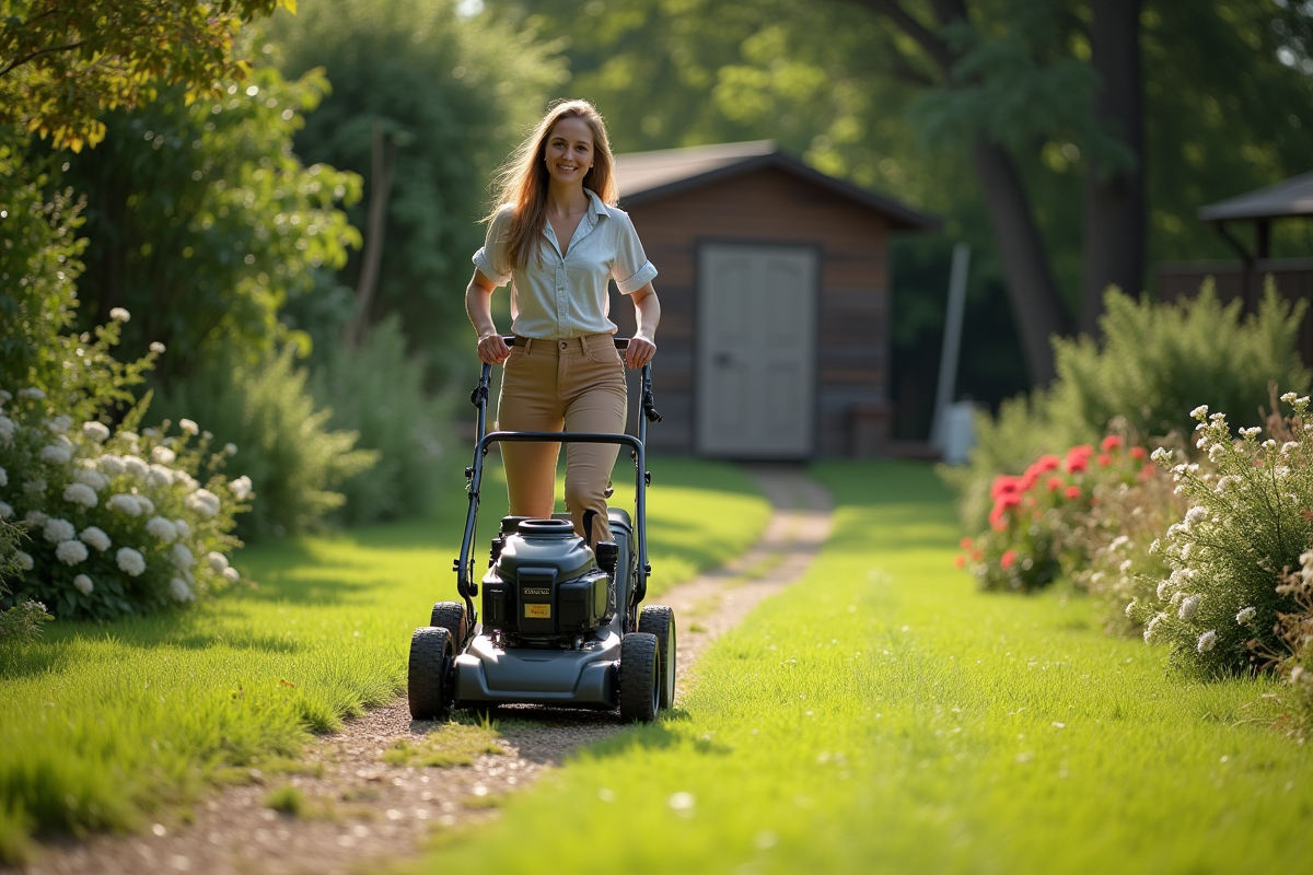 Femme guidant une tondeuse dans un grand jardin rural