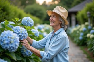 Femme mature touchant des hydrangeas en jardin