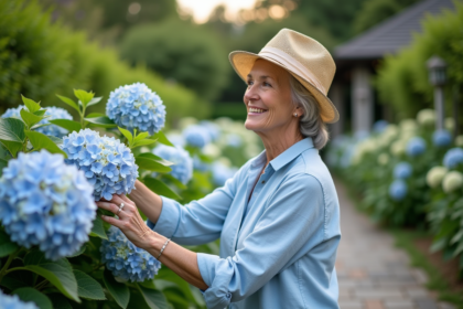 Femme mature touchant des hydrangeas en jardin