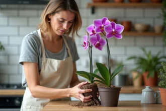 Femme inspectant les racines d'une orchidée retirée d'un mauvais pot en céramique sur un plan de travail en bois