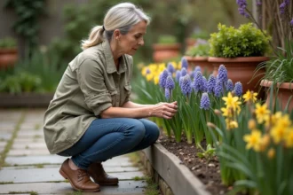 Femme inspectant hyacinths fanés dans le jardin