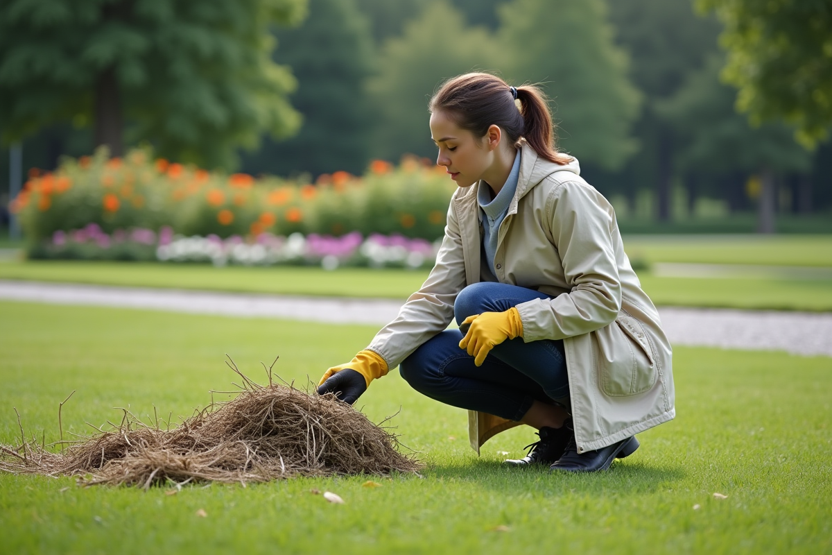 Femme inspectant le gazon dans un parc public