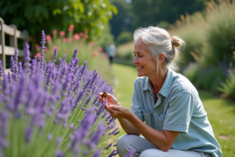 Femme souriante dans le jardin observant des abeilles sur la lavande