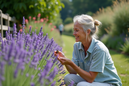 Femme souriante dans le jardin observant des abeilles sur la lavande