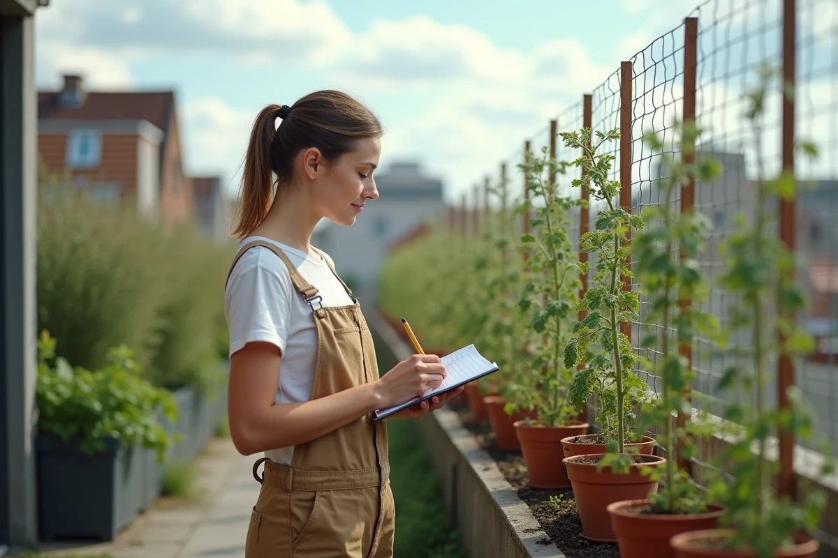 Jeune femme observant des plants de tomates en balcon urbain