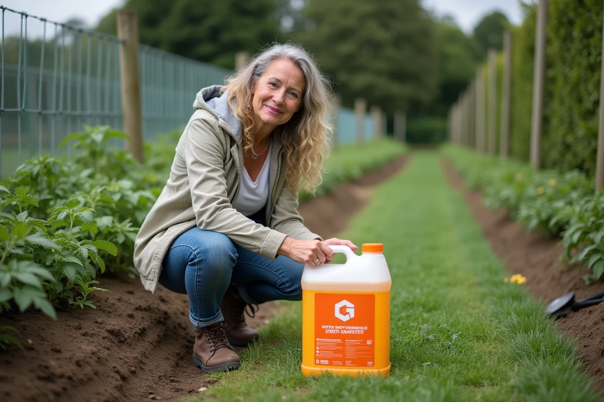 Femme dans son jardin tenant un bidon de glyphosate près de ses tomates