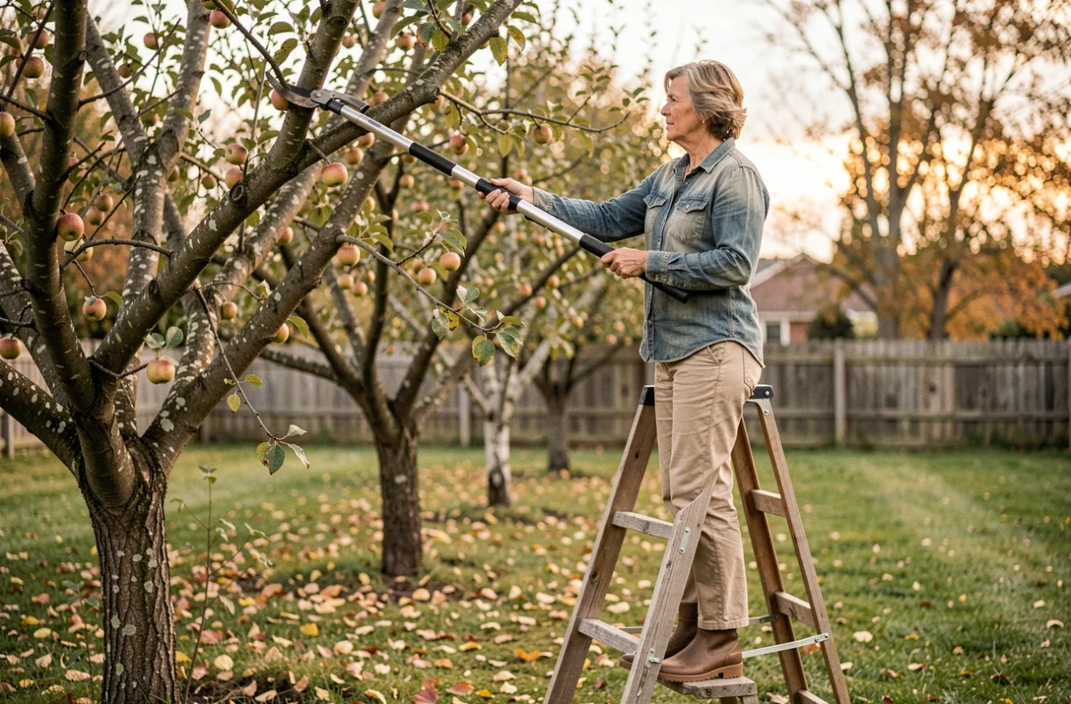 Femme jardiniére utilisant un coupe-branche télescopique sur un escabeau pour élaguer un pommier dans un verger