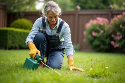 Femme en overalls de jardinage pulvérisant des pissenlits