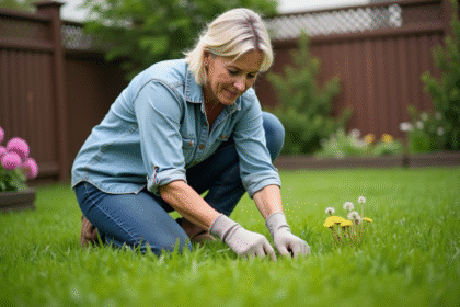 Femme en jeans et chemise de jardinage arrachent des mauvaises herbes