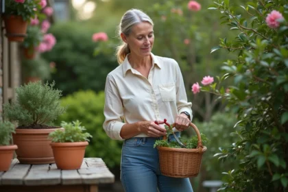 Femme au jardin avec laurier et oleander en main