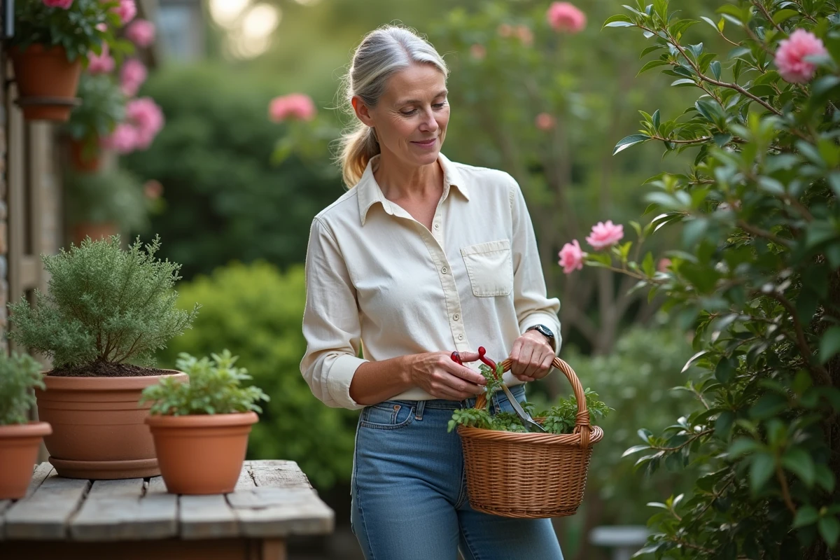Femme au jardin avec laurier et oleander en main