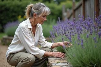 Femme moyenne âge examine des tiges de lavande dans son jardin