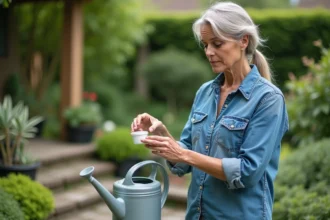 Femme en jardinage mesure herbicide avec un gobelet