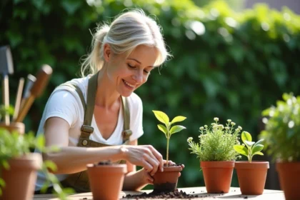 Femme en jardinage plantant une tige dans un pot