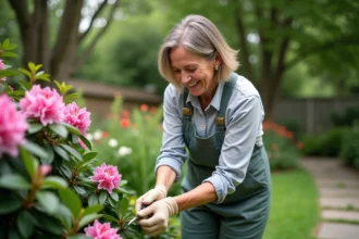 Femme en jardinage taillant un rhododendron en fleurs