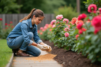 Femme en jardinage arroser rosiers en fleurs