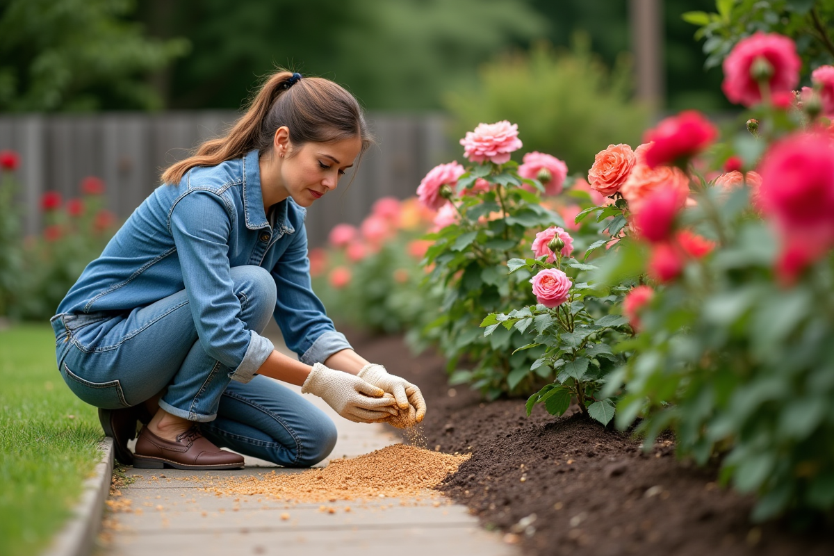 Femme en jardinage arroser rosiers en fleurs