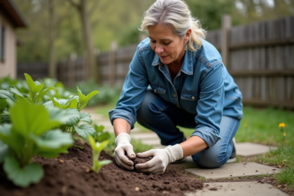 Femme en denim plantant tubers dans un jardin printanier