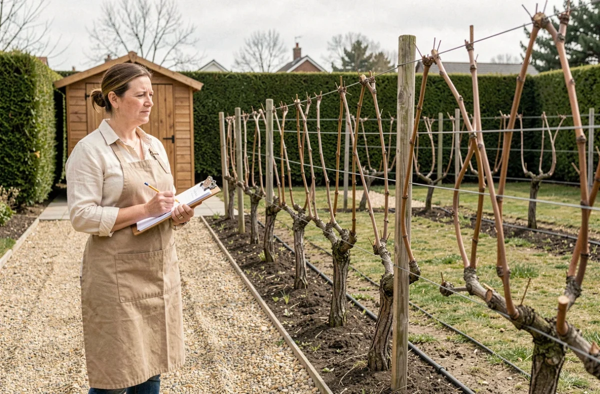 Femme jardinière évaluant une rangée de vignes de table après une taille de rattrapage dans un jardin résidentiel