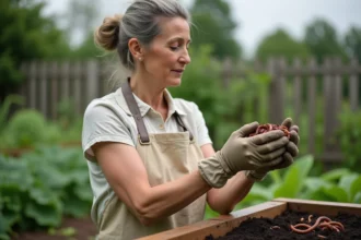 Femme jardinière tenant des vers de terre dans ses mains gantées au-dessus d'un potager surélevé en bois