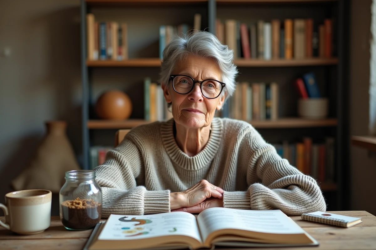 Femme aux cheveux gris lisant un livre sur la vermiculture avec un bocal de vers posé sur sa table de travail