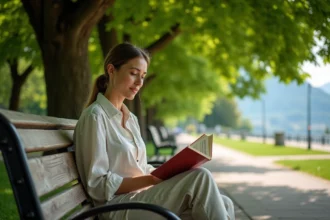 Femme lisant sous un grand platane dans un parc ombragé d'Annecy en été