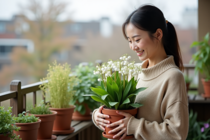 Femme souriante tenant un pot de lilas dans un balcon