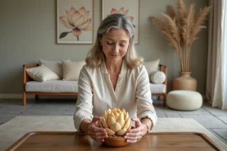 Femme d'âge moyen arrangeant une sculpture en bois de lotus