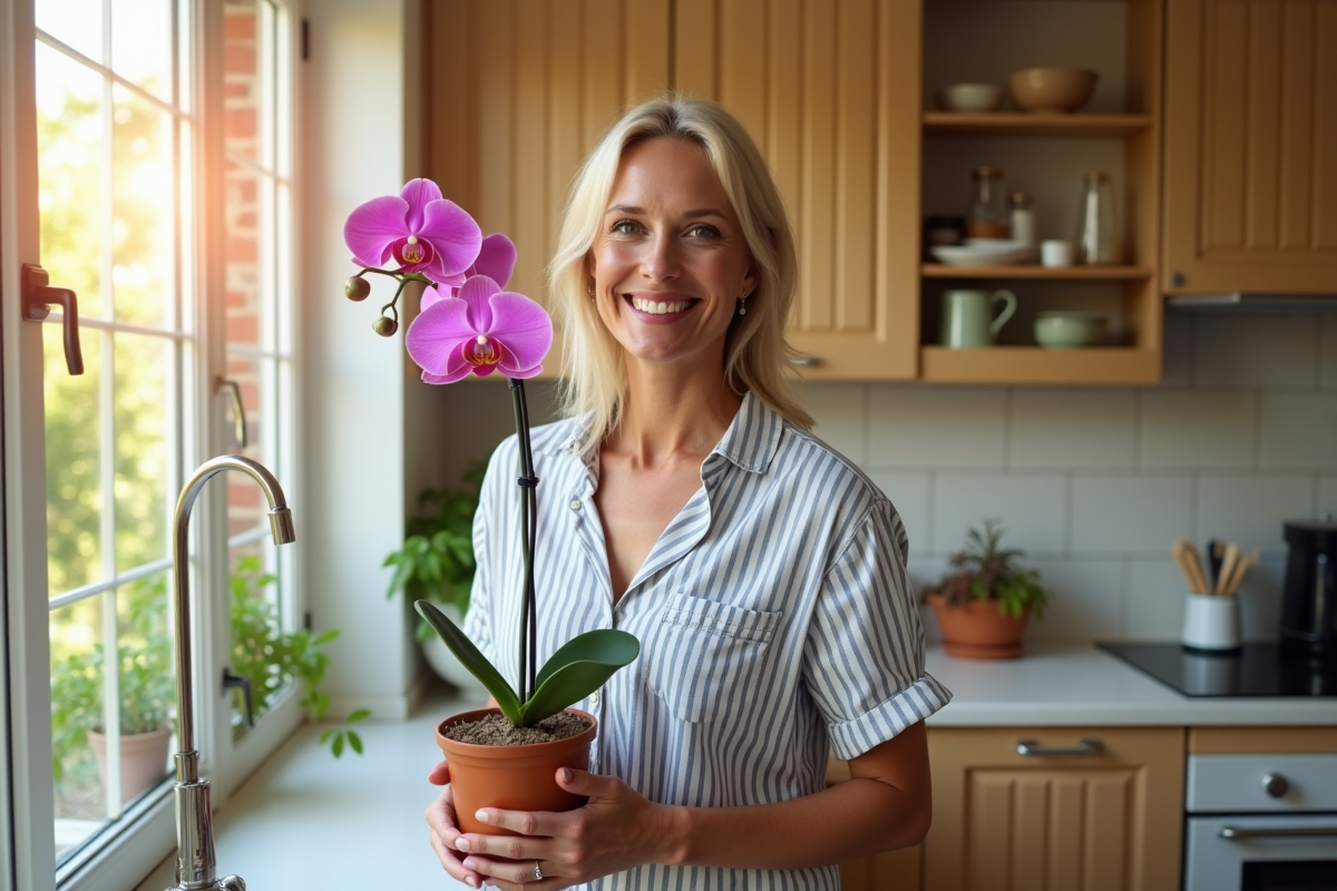 Femme souriante avec orchidée dans la cuisine lumineuse