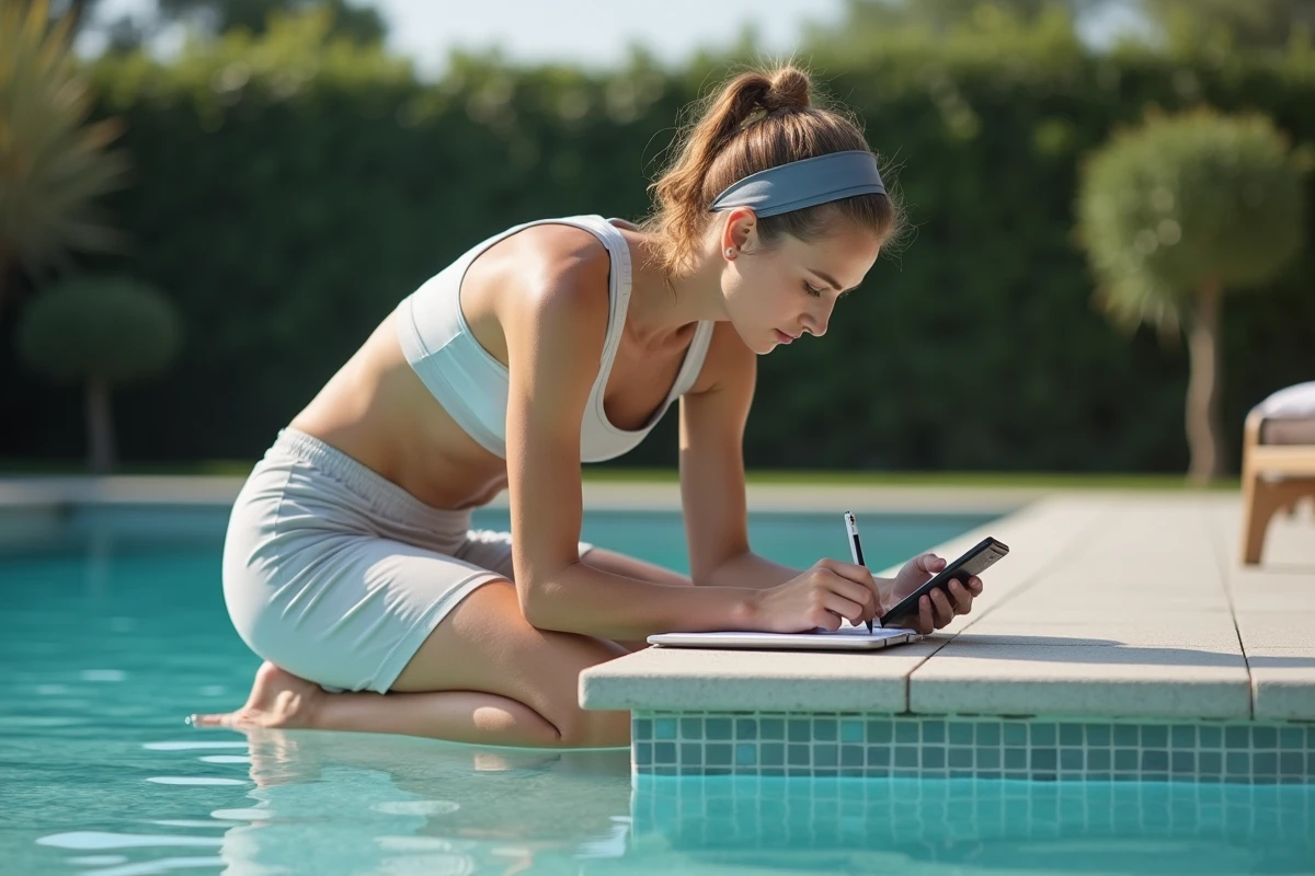 Femme au bord de piscine utilisant une calculatrice volume