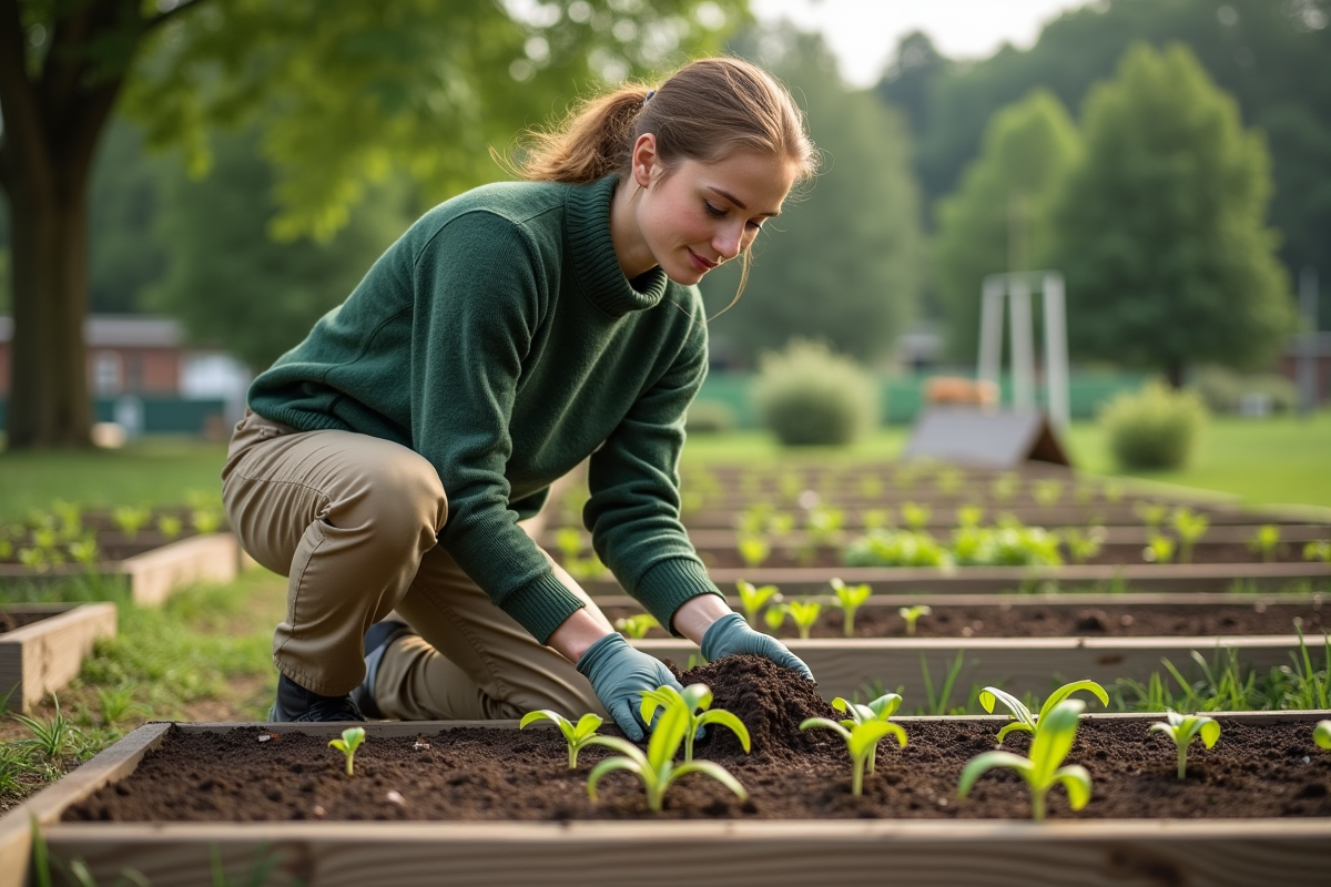 Jeune femme en jardin communautaire étalant du compost sur le sol