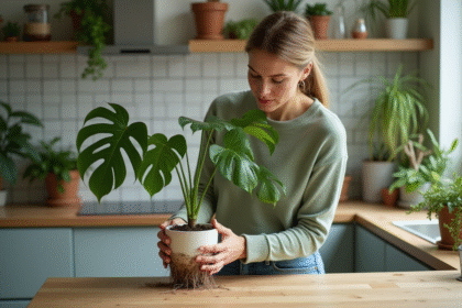 Femme vérifiant ses racines de monstera dans la cuisine