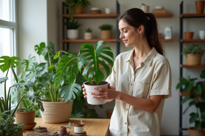 Jeune femme examine une plante monstera dans un salon lumineux