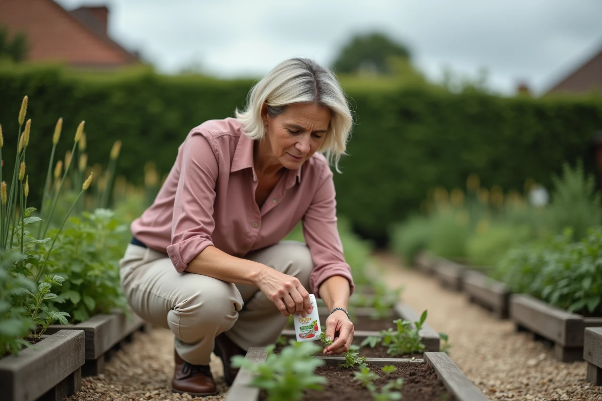 Femme lisant l'étiquette d'un engrais organique dans un potager, s'interrogeant sur les restrictions de vente