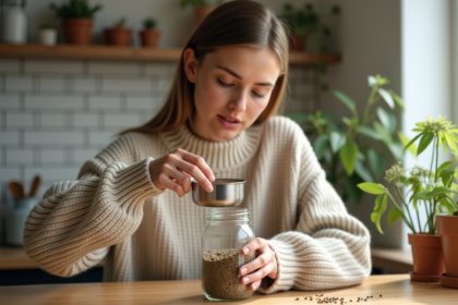 Femme vers 30 ans verse des graines dans un bocal en cuisine lumineuse