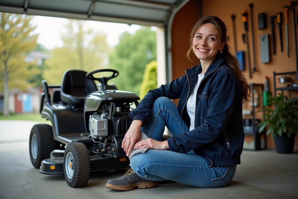 Jeune femme nettoyant la débroussailleuse dans le garage