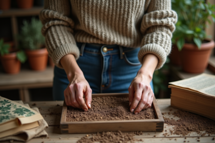 Femme plantant des graines anciennes dans un bac en bois
