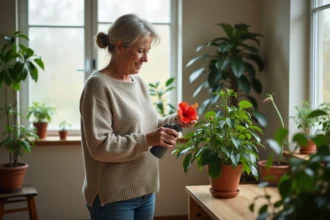 Femme en pull laineur et jeans prenant soin d'un hibiscus intérieur