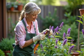 Femme taillant un buisson de salvia dans un jardin