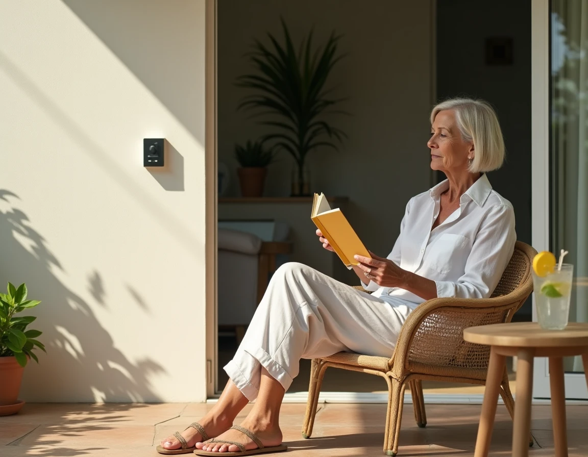 Femme qui se détend sur une terrasse ensoleillée avec un attrape-insectes discret fixé au mur en arrière-plan