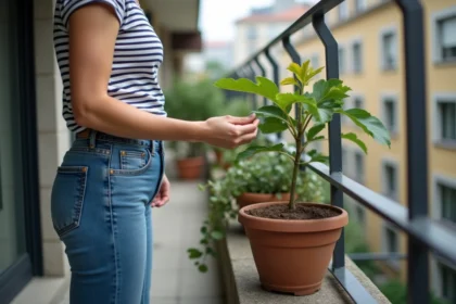 Femme examine un petit figuier sur son balcon urbain