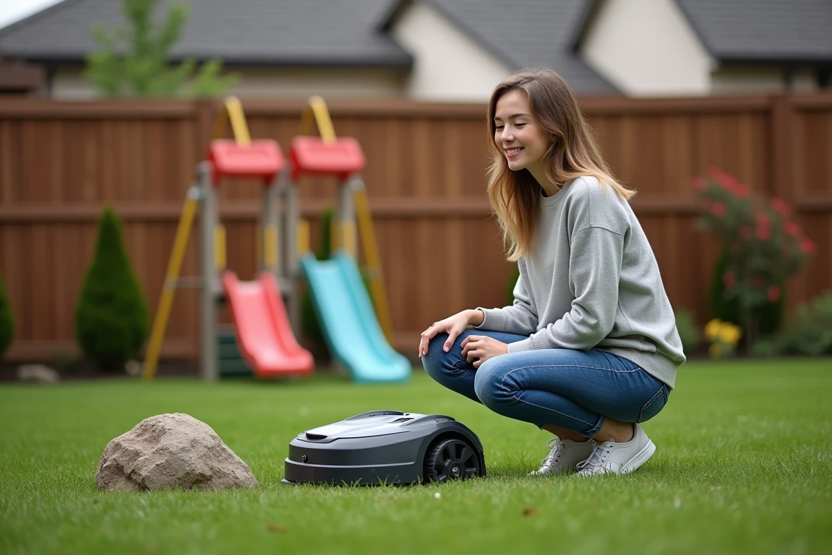Jeune femme vérifiant une tondeuse robot dans le jardin